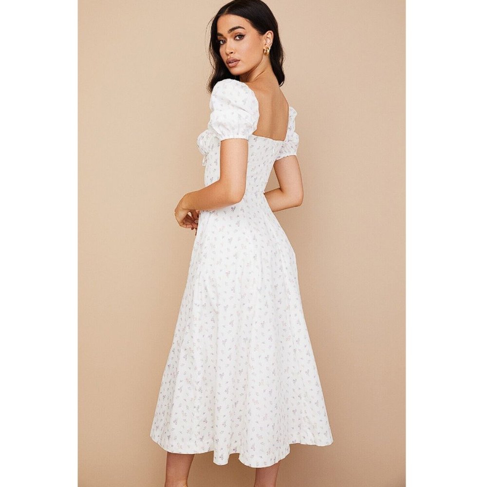 HOUSE OF CB 'Tallulah' White Floral Puff Sleeve Midi Dress NWOT - Picture 5 of 14